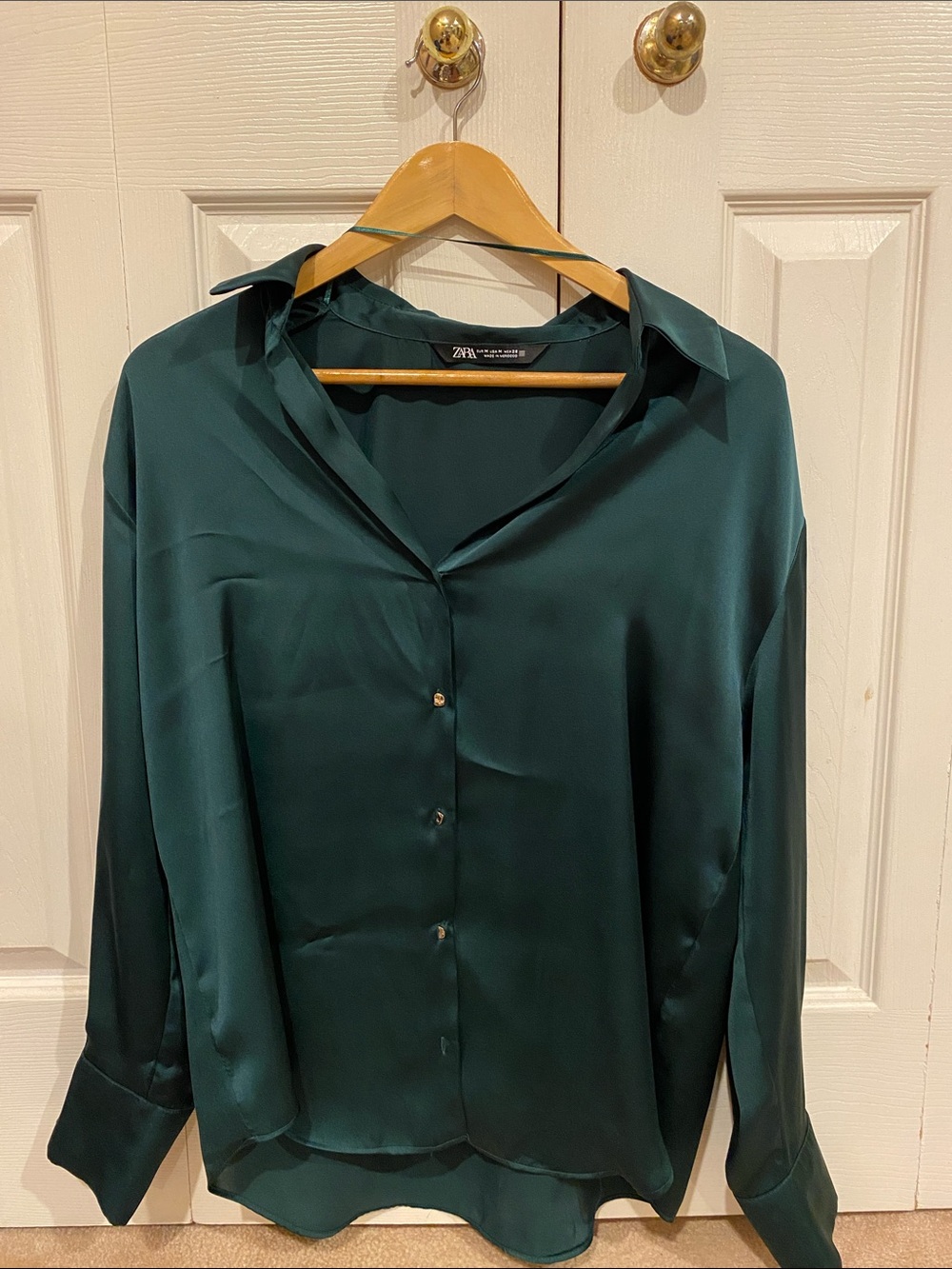 Zara Deep Green Satin Button-Down Shirt